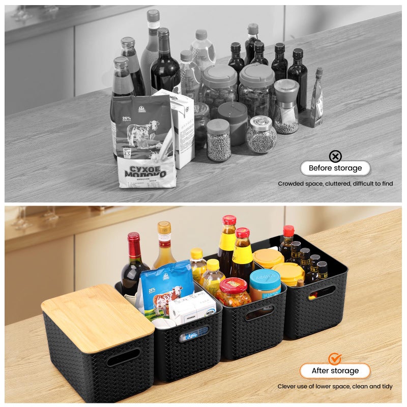 Ohmlove 4 Packs Storage Bins with Bamboo Lids - Plastic Storage Containers with Lids Stackable Storage Box: Storage Baskets for Organizing Desktop Closet Playroom Classroom Office  Black - Image 4